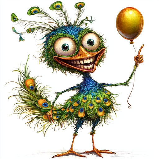 Humorous caricature of a peacock feather with human traits
