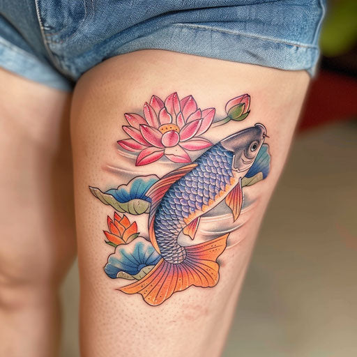 Korean-style carp fish tattoo, swimming amidst lotus flowers, vividly colored on white background