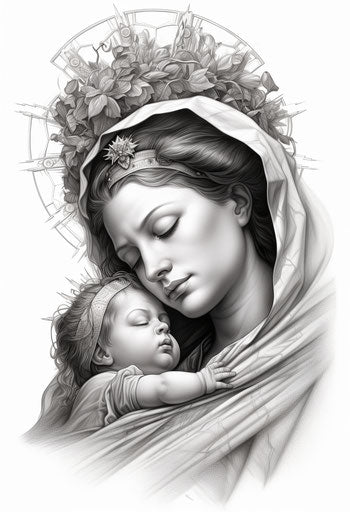 Royal crown of thorns tattoo image, Madonna and child style