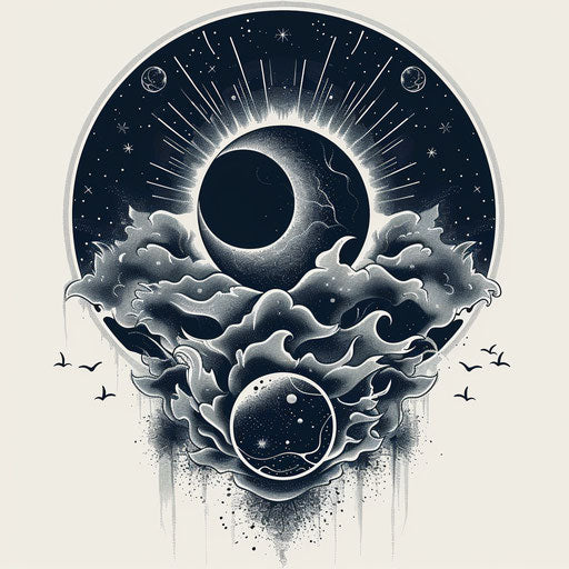 Dramatic tattoo sketch of an eclipse with stars and planets, clipart style