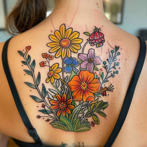 Wildflower tattoo with fairy, whimsical elements