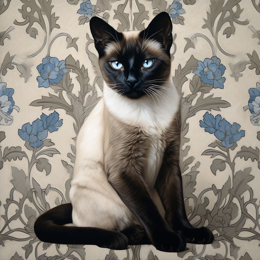 Siamese cat sitting on white surface, dark brown and light beige style