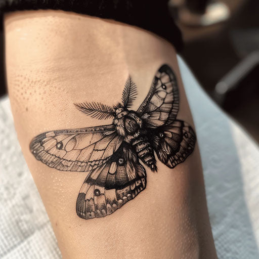 Hyper-realistic death moth tattoo art on white platform