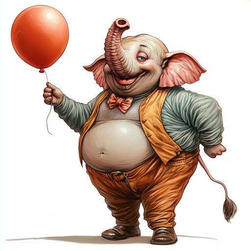 Humorous caricature of an elephant with human characteristics and exaggerated dimpled chin