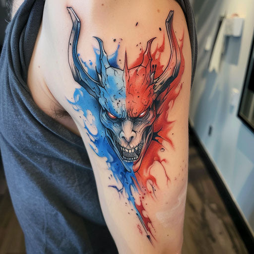 Ice and fire devil tattoo