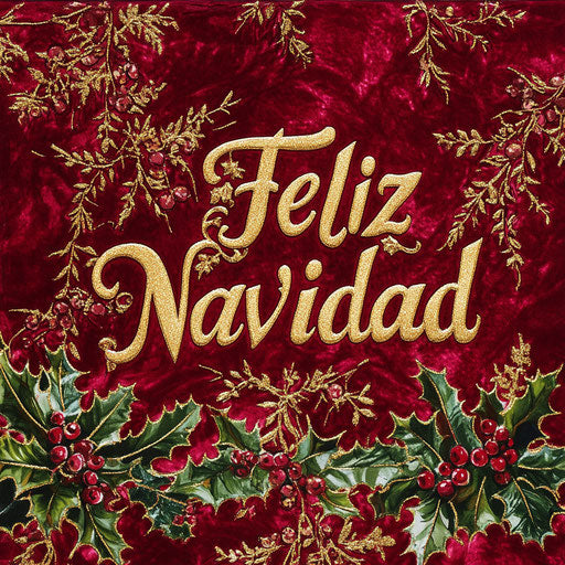 Merry Christmas shimmering on red velvet surrounded by holly