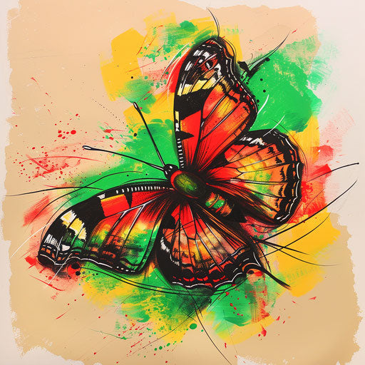 Vivid red butterfly with green and yellow accents in a pop art tattoo sketch
