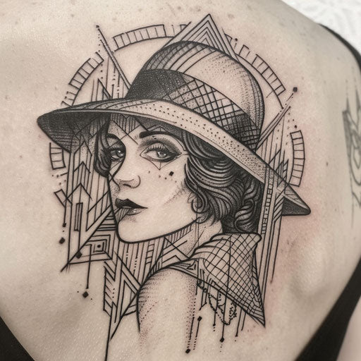 Art deco style gangster tattoo with geometric patterns and a flapper girl