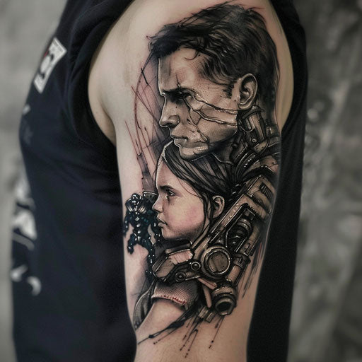Father daughter tattoos with mechanical elements