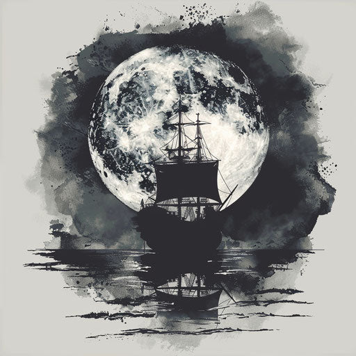 Artistic tattoo sketch of a pirate ship under a full moon
