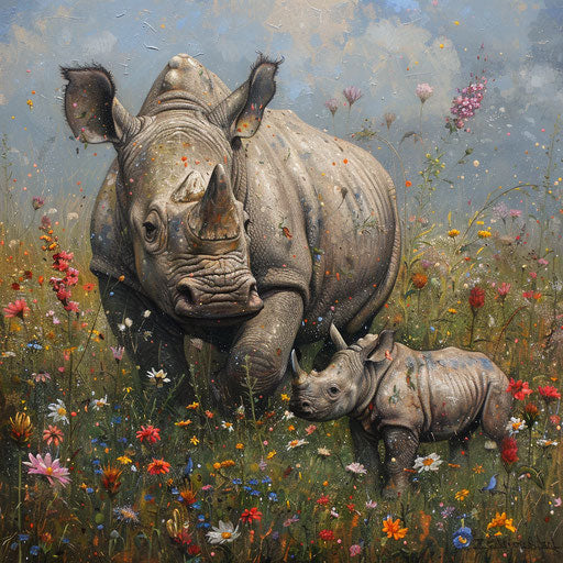 A baby rhino playing in a field of wildflowers
