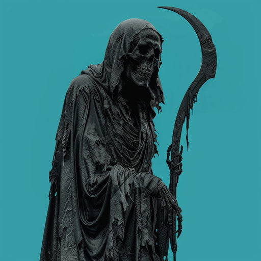 Realistic grim reaper with teal flat background