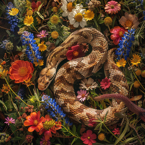 Copperhead snake among colorful wildflowers