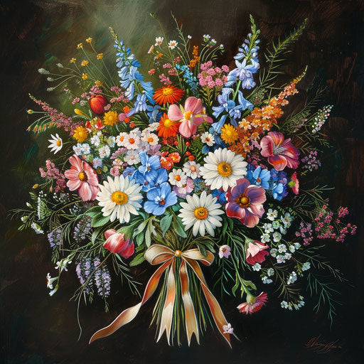 Wildflower bouquet with ribbon, colorful petals, elegant bow, traditional style
