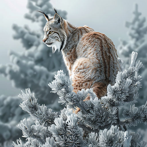 Lynx perched on a frost-covered tree, surveying the winter wonderland