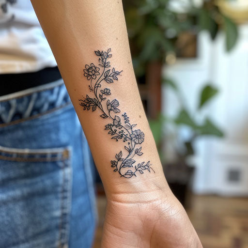 Floral vine wrist tattoo in the style of Maria Sibylla Merian