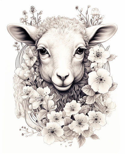 Tattoo of sheep with flowers, realistic yet stylized style