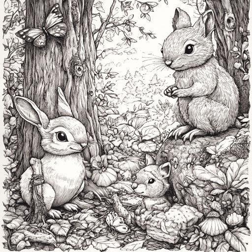 Forest creatures in a detailed and colorful woodland