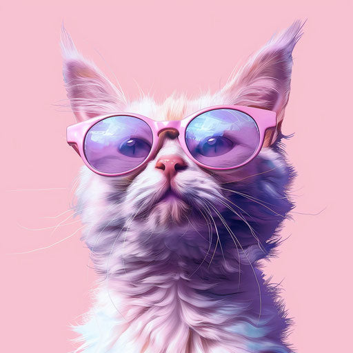 Cat in sunglasses on pink background, light purple and maroon