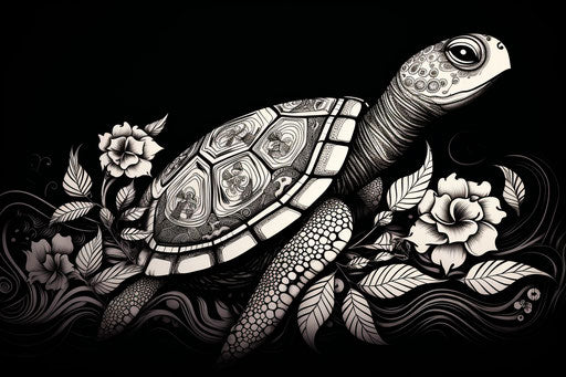 Turtle tattoo with a flower, baroque ornamentation style, Papua New Guinea art, detailed, high resolution, black and white