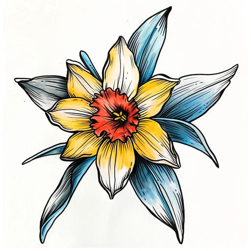 Retro drawing of narcissus flower tattoo, bold lines and primary colors