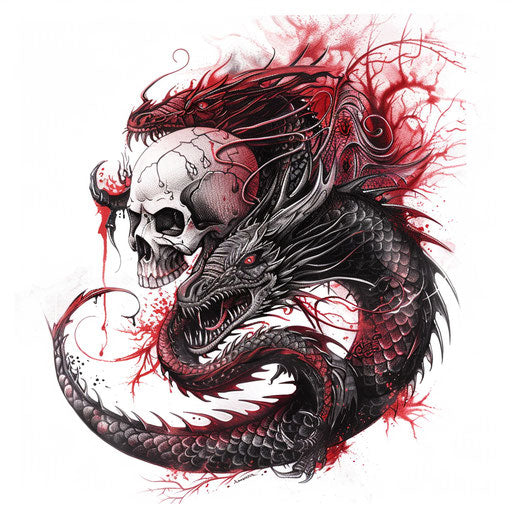 Dragon and skull in a dark fantasy tattoo design