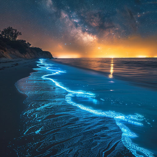 Sunny beach with sparkling bioluminescent waves at night