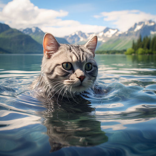 An American cat swimming in a lake by the shore