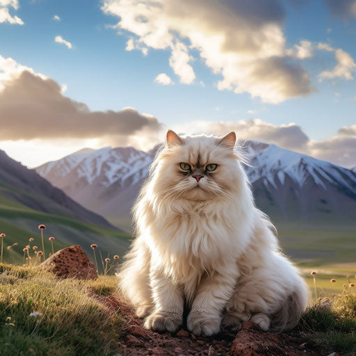 Himalayan cat sitting in front of mountain scenery