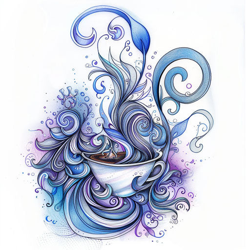 Abstract coffee aroma swirls tattoo sketch, clipart style with gradient blues and purples