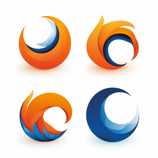 Examples of minimalist logos with vibrant orange and blue colors, on a white background