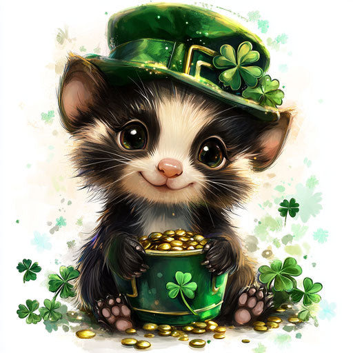 St. Patrick's Day, cute baby skunk in green hat with shamrocks on white background
