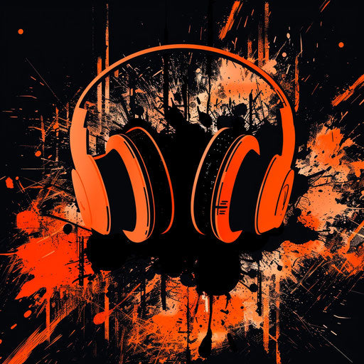 Audio logo in orange and black with a vibrant background
