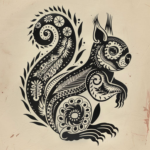 Cultural flat tattoo sketch of a squirrel adorned with traditional folk art motifs