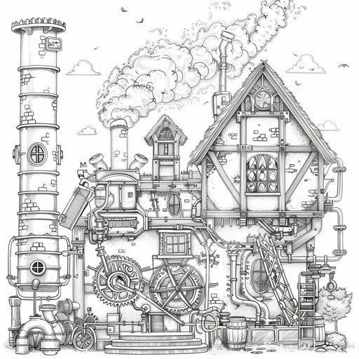 Steampunk house with gears and pipes