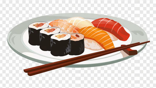 Plate of sushi and sashimi with chopsticks, cartoon style