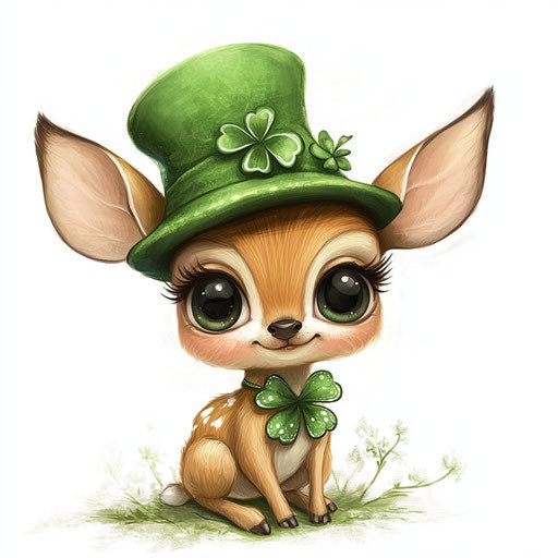 Saint Patrick's Day adorable baby deer with big eyes in green hat
