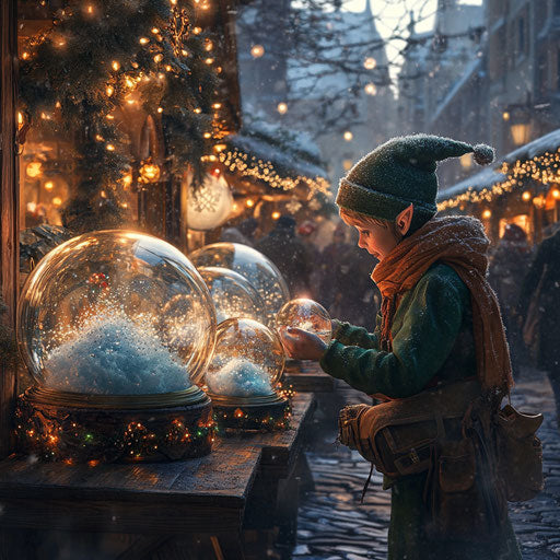 Elf at Christmas market, selling magical snow globes