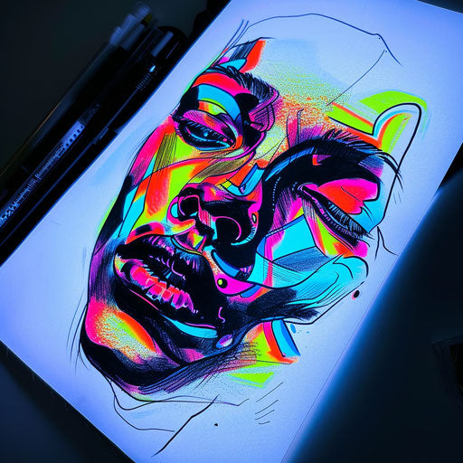 Modern flat tattoo sketch of a neon abstract face with multicolored light streaks