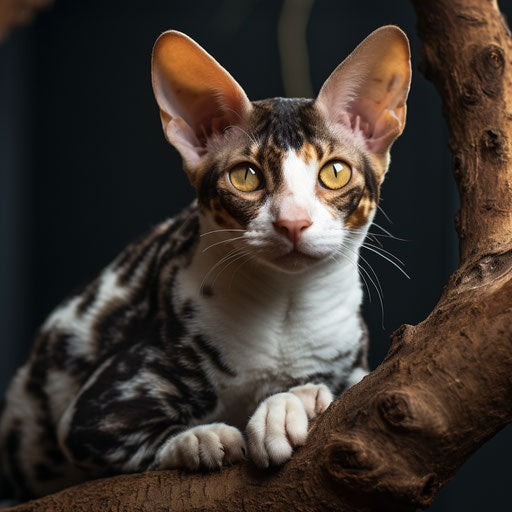 Cornish rex cat lying on a tree branch