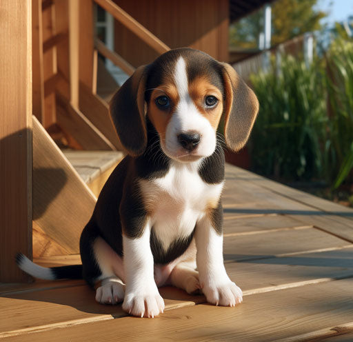 Beagle puppy on the porch, dark navy and light brown style
