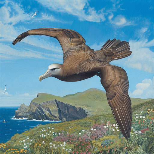 Black-footed albatross gliding gracefully over a remote, wild island