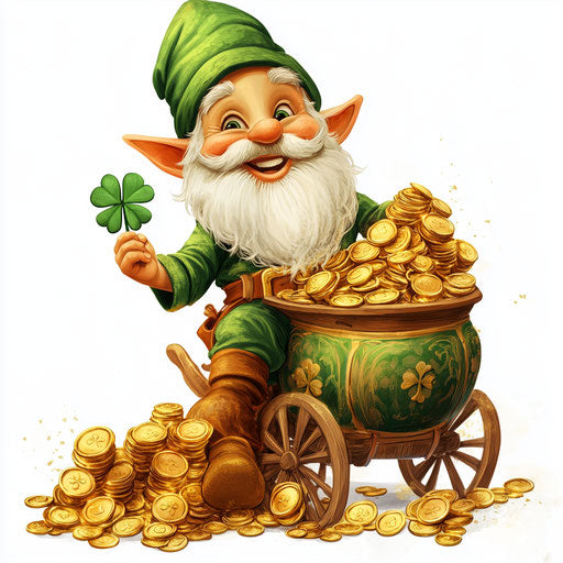 St. Patrick's Day clipart with a cute gnome on a pot of gold and a four-leaf clover