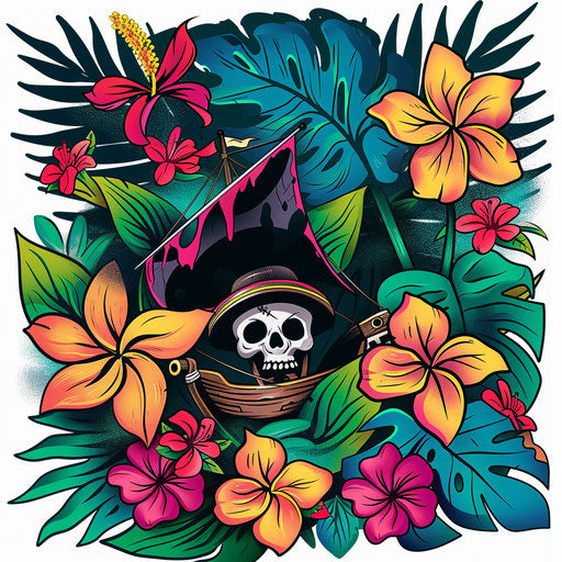Colorful tattoo sketch of the Jolly Roger with tropical flowers