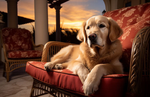 Dog sitting on patio furniture, golden retriever puppy play