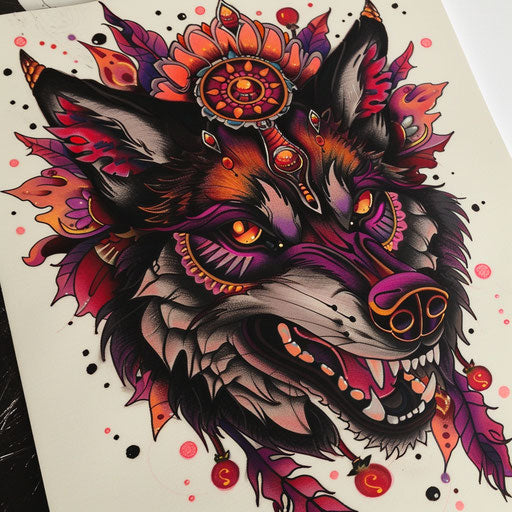 Neo-traditional tattoo sketch of a wolf with rich colors and intricate details