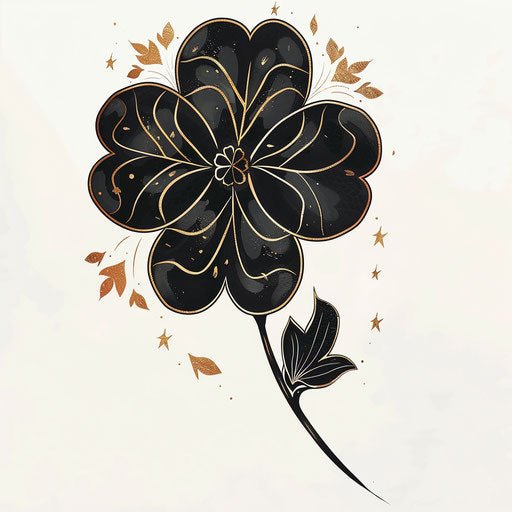 Black clover with golden embellishments in flat tattoo style