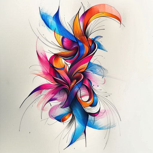 Abstract ribbon tattoo sketch with fluid shapes and vibrant colors