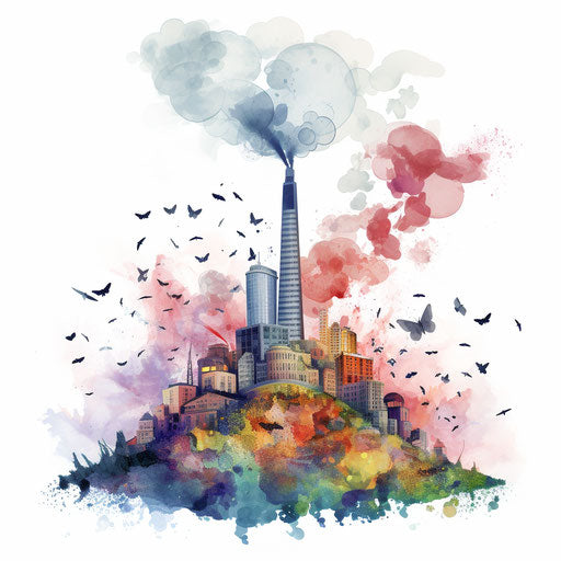 Air pollution clipart in the style of Impressionistic Art, on a white background