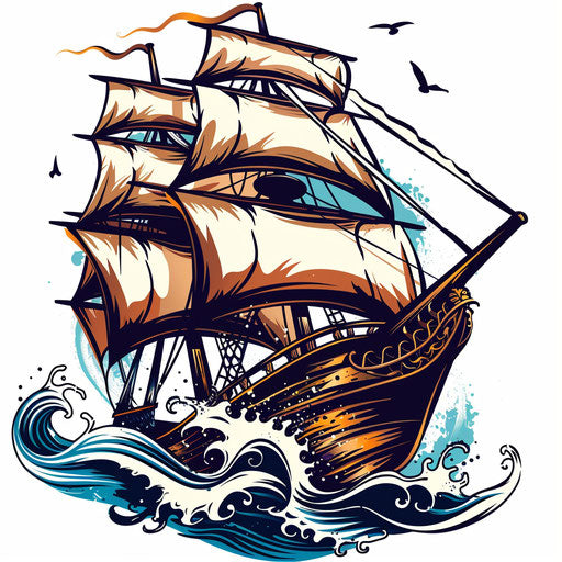 Old ship sailing on choppy waters - rustic tattoo sketch